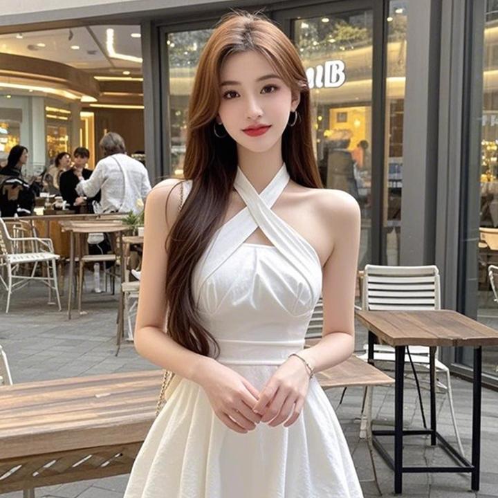 【KEKE】小个子白色交叉挂脖吊带连衣裙女纯欲性感收腰显瘦A字短裙