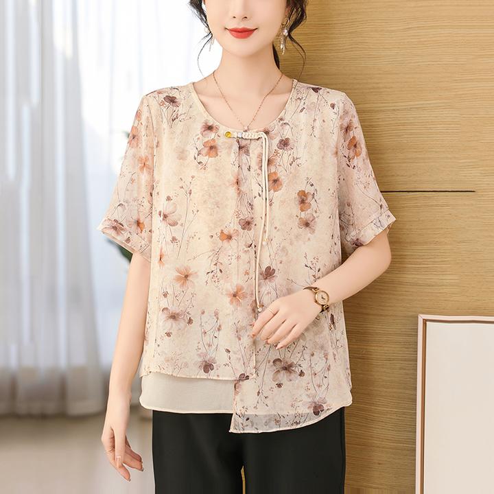 洋气高端别致雪纺衫2025新款妈妈夏装短袖t恤宽松显瘦大码小衫女
