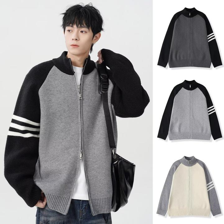 毛衣针织衫男士休闲针织夹克开衫运动韩版秋冬季立领宽松拼接上衣