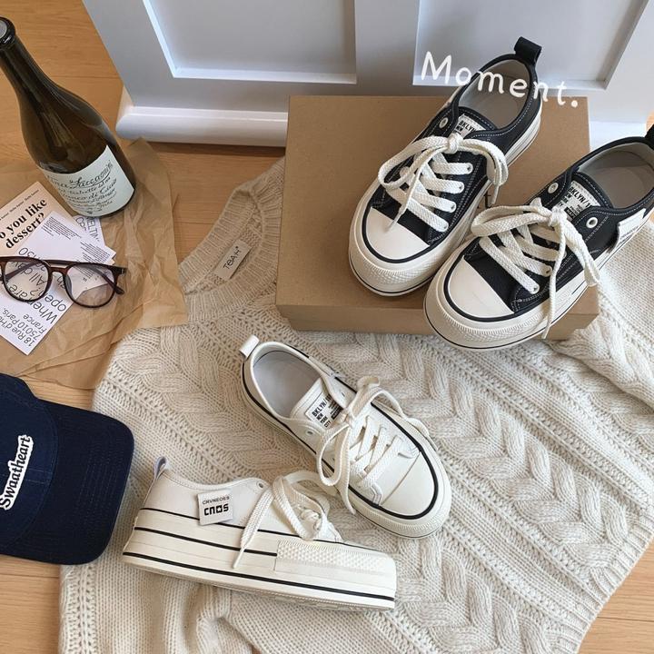 欧货真皮厚底小白鞋女春季新款韩版百搭松糕饼干休闲帆布运动板鞋