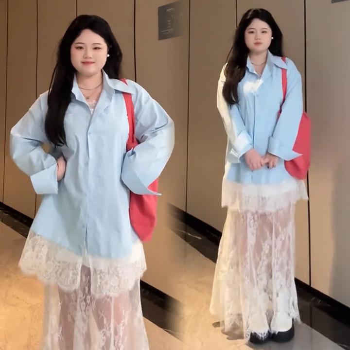 大码法式蕾丝衬衫女2025新款春季高级感休闲衬衣胖MM宽松显瘦上衣