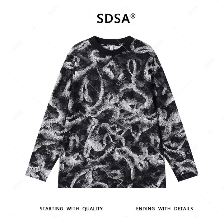 SDSA秋季新款男士痞帅简约小格子撞色圆领长袖T恤宽松百搭休闲