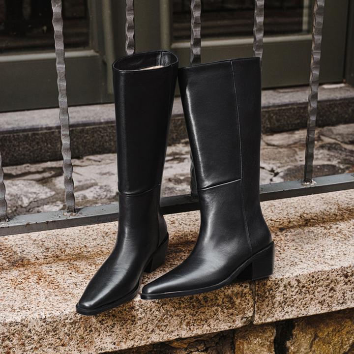 大筒围真皮粗跟骑士靴女长筒靴2025秋冬复古尖头高跟不过膝高筒靴