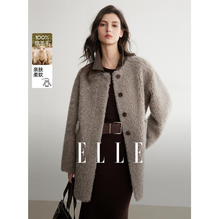 【100%绵羊毛】ELLE女装羊羔毛短外套25冬新款仿皮草上衣EF53495