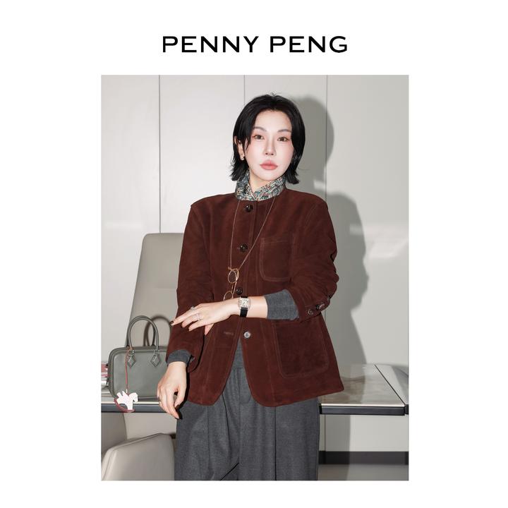 PENNYPENG牧神午后 秋季新款老钱风高级复古休闲棕色圆领牛皮外套