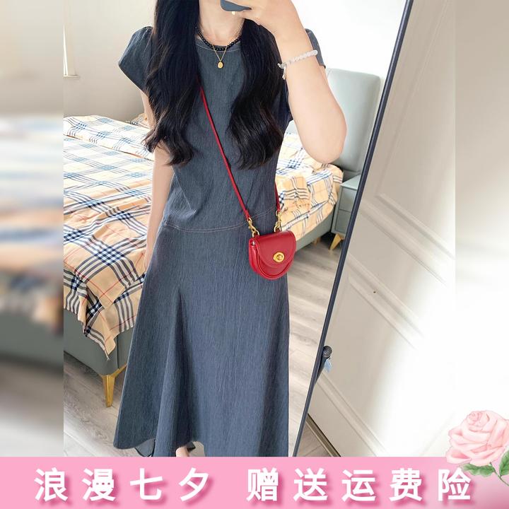 法式巨好看灰色牛仔连衣裙女夏季2025新款气质收腰显瘦长裙5231