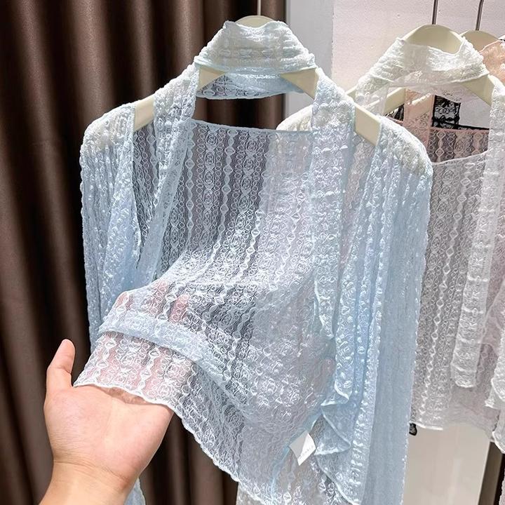 韩系蓝色冰丝网纱防晒开衫女夏吊带裙外搭披肩泡泡蝴蝶蕾丝薄罩衫