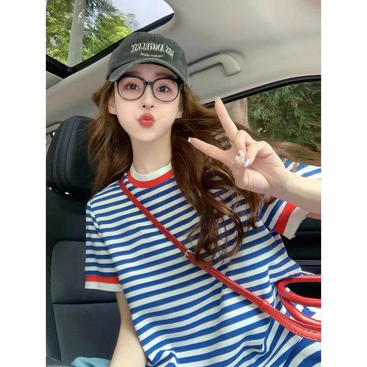 纯棉蓝色条纹短袖t恤女2025新款夏季学院风设计感正肩宽松上衣