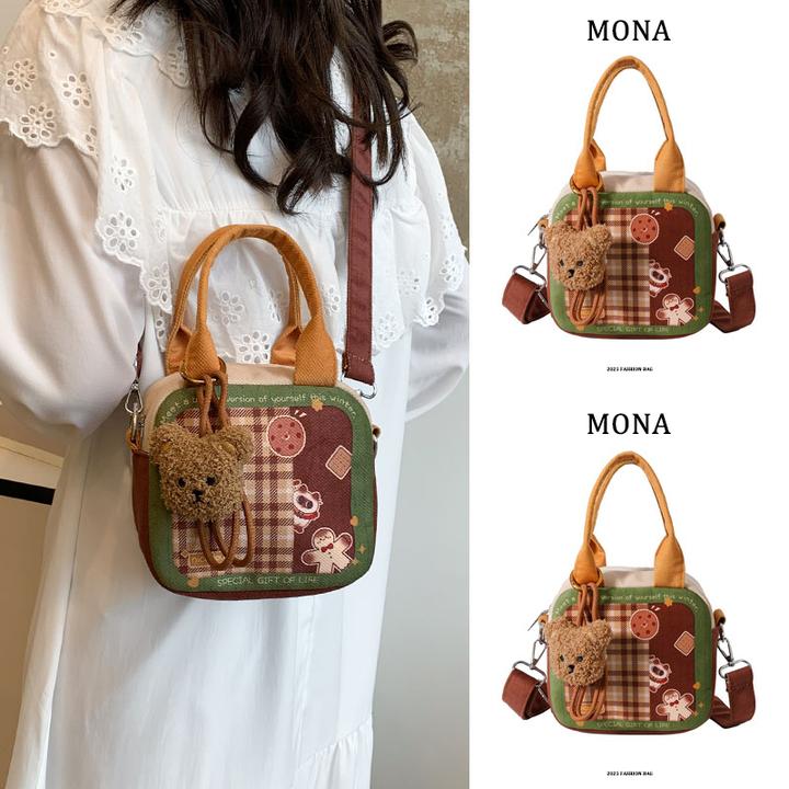 Mona春夏季卡通格纹手机斜挎小包包女新款棕色美拉德风上班小拎包