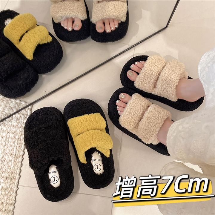 巨好看厚底毛毛拖鞋女外穿魔术贴一字加绒2025新款秋冬季保暖棉拖