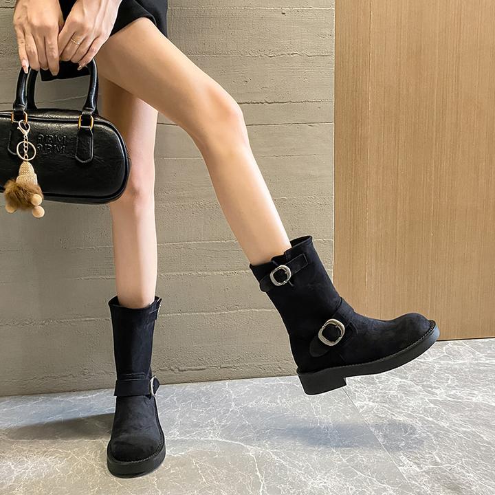 百搭显瘦复古英伦风秋冬厚底中筒瘦瘦靴爆款秋冬新款超纤鞋面橡