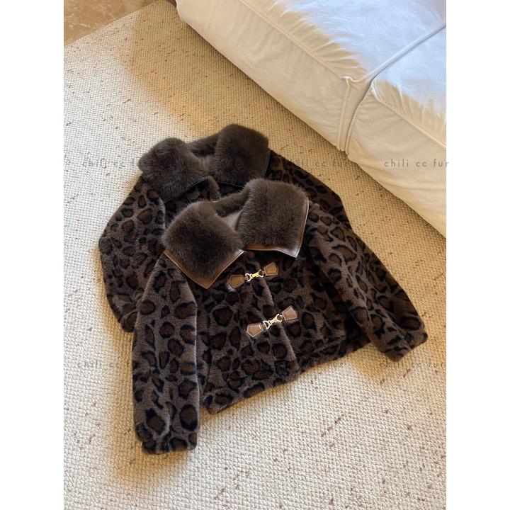 【侘寂北岛】高级感轻奢时髦慵懒豹纹金属扣短款毛毛外套