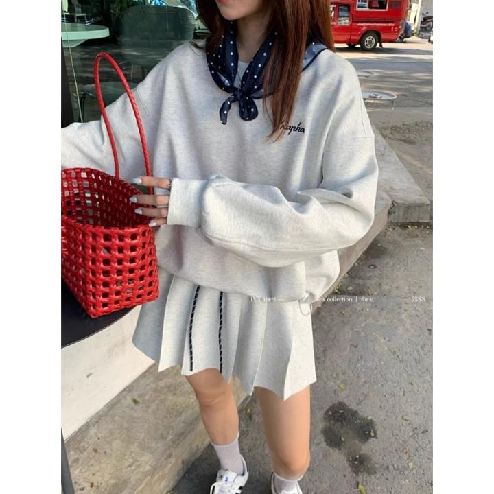 卫衣套装裙女2025春季新款韩系休闲时尚灰色上衣百褶裙短裙两件套