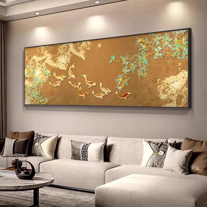 九鱼图客厅装饰画寓意好沙发背景墙横幅壁画大气茶室书房中式挂画