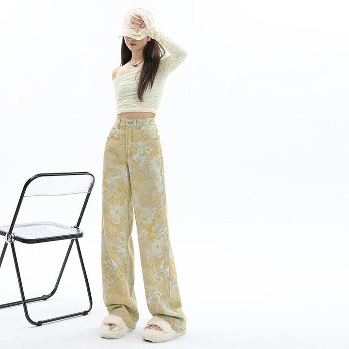 轻国风高级感晕染花色牛仔裤女春秋2025新款高腰阔腿直筒拖地裤子