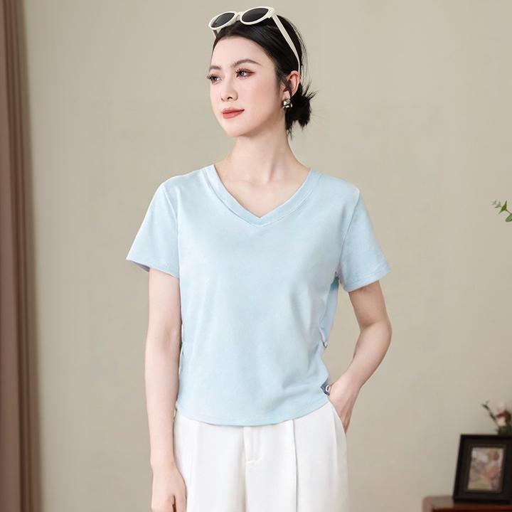 短袖T恤女2025夏季新款休闲韩版V领短袖洋气设计感减龄小个子上衣