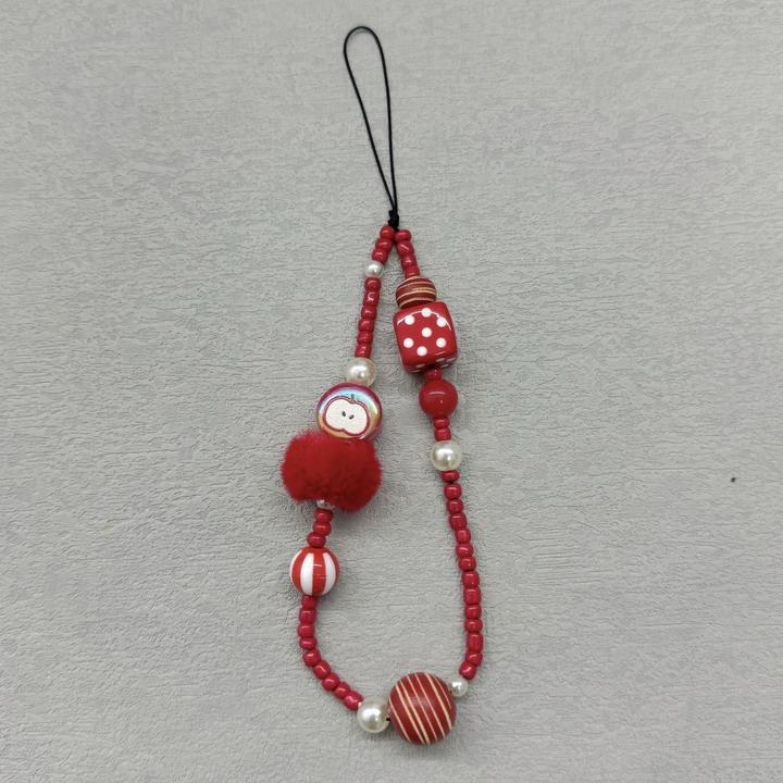 ins新年手机链红色毛球挂绳手工串珠DIY树脂PVC女式独立包装