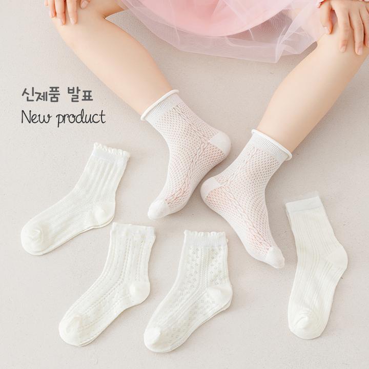 女童袜子夏季1-12岁新款小花白色网眼透气公主风木耳边中筒袜