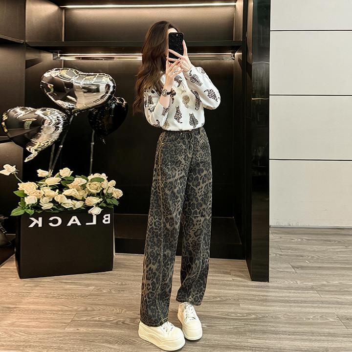 2025秋季新款时尚套装女气质圆领印花长袖上衣阔腿牛仔裤两件套潮