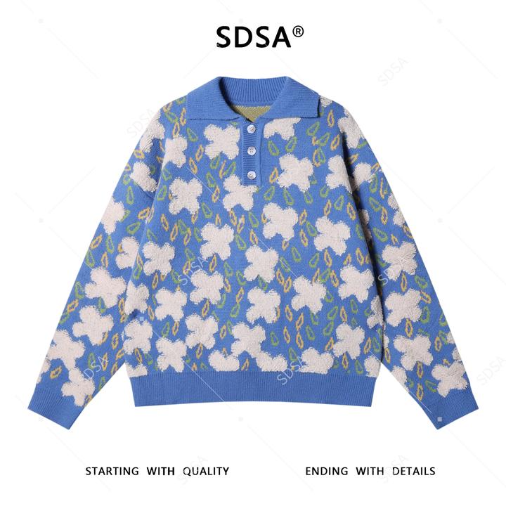 SDSA男士秋冬新款痞帅男装美式复古老花polo领针织衫百搭时尚毛衣