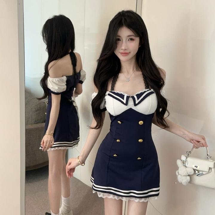 修身性感水手服拼接气质挂脖jk连衣裙女夏新款收腰显瘦包臀辣妹裙