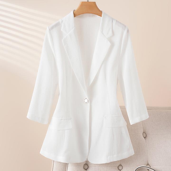 白色七分袖西服夏季新款收腰小西装透视仿麻感单层西装女薄款防晒