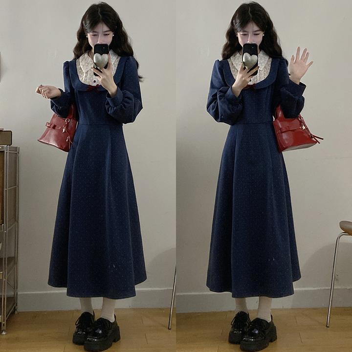 大码胖mm秋冬新款学院风波点毛呢长裙印花绑带蝴蝶结连衣裙女