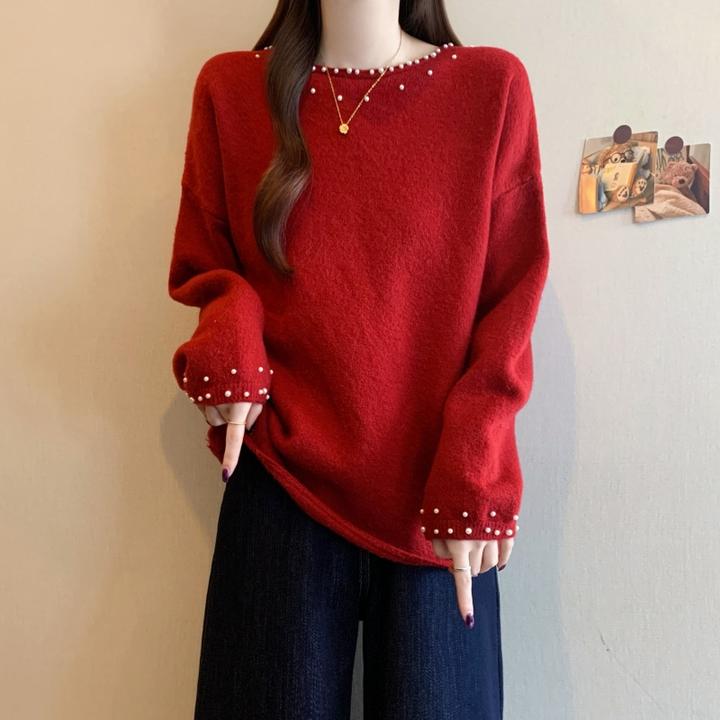 大码女装高级感钉珠过年红色软糯毛衣胖mm秋冬显瘦针织衫长袖上衣