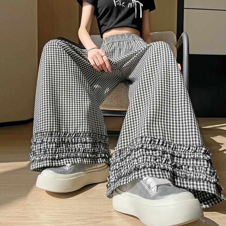 La Chapelle/拉夏贝尔春夏新款格子裤女复古休闲木耳边宽松直筒九