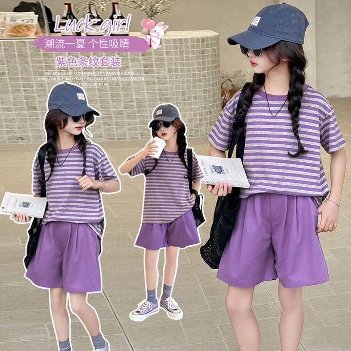 2025新款女童夏日套装儿童紫色条纹短袖T恤短裤两件套女孩夏装潮