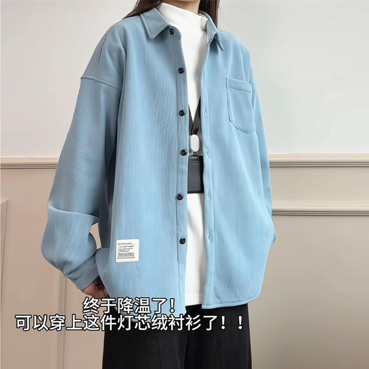 日系雾霾蓝色复古加绒加厚灯芯绒衬衫男女秋冬季宽松百搭休闲衬衣