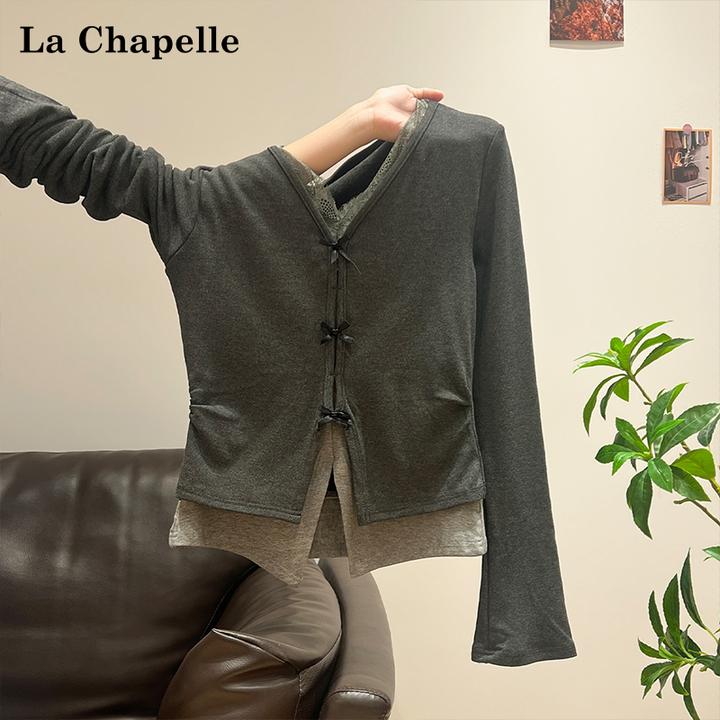 拉夏贝尔韩系V领蕾丝拼接撞色假两件T恤女秋冬修身长袖内搭打底衫