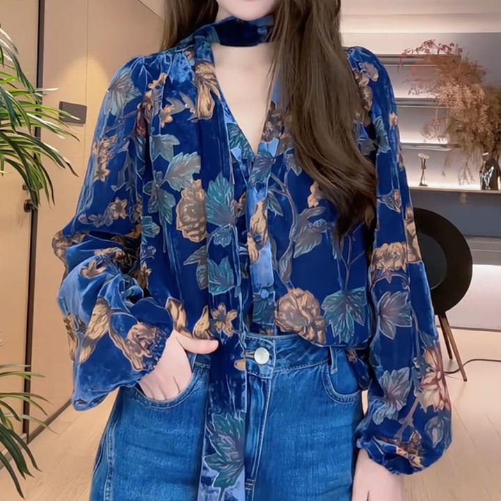 法式复古轻熟风V领印花丝绒长袖衬衫女2025秋季气质高级感衬衫