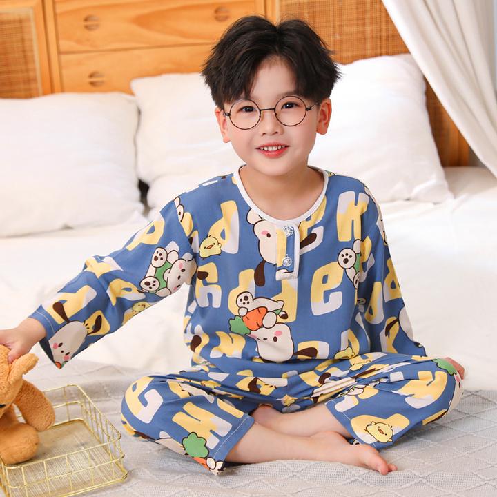 夏季棉绸儿童睡衣男孩男童长袖薄款女童宝宝绵绸女孩卡通家居服