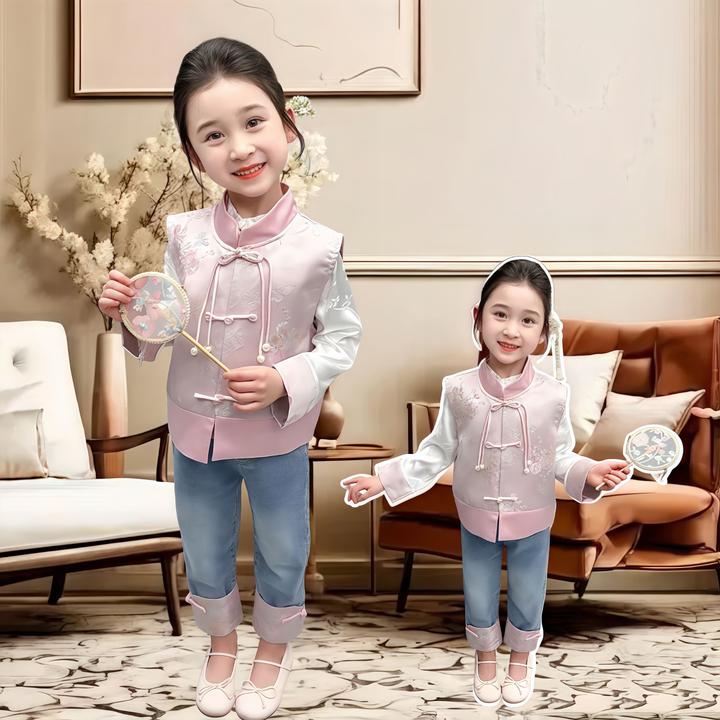 儿童小女孩宝宝中国风长袖洋气牛仔裤套装女童新中式马甲套装春季