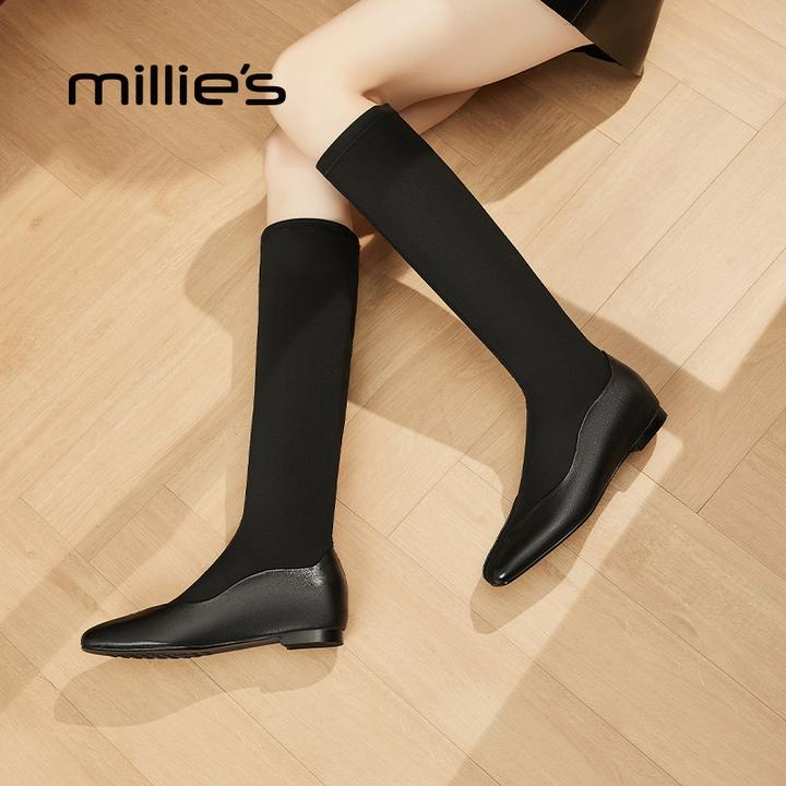 MILLIE'S/妙丽弹力靴女2025秋冬新款平底长靴不过膝瘦瘦靴高筒靴