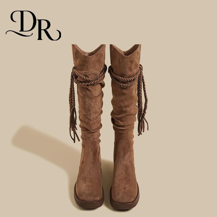 美式鞋子女款爆款2025新款ins潮牌百搭色v口堆堆西部牛仔骑士长靴