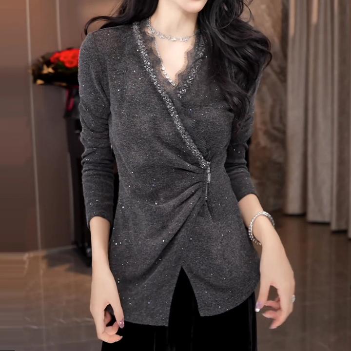 韩系新款百搭显瘦V领T恤女2025秋季新款设计收褶遮肉简约休闲上衣