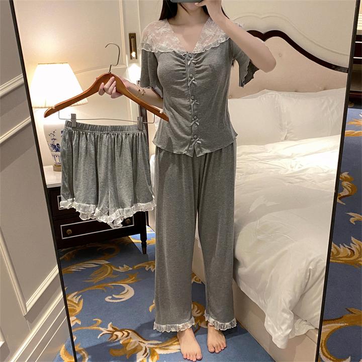 春秋天短袖睡衣女夏季带胸垫一体长裤性感2025新款家居服三件套装