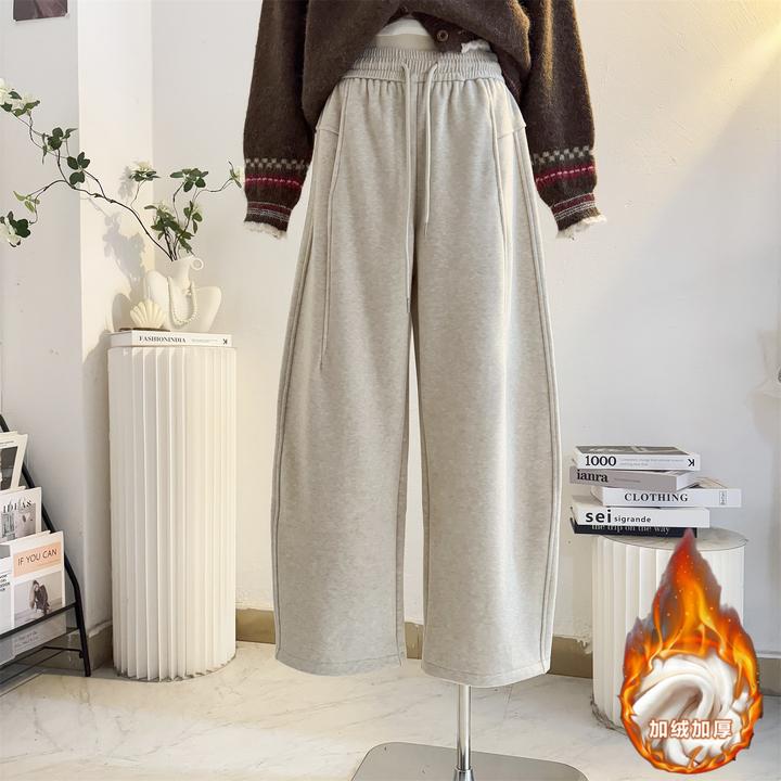 加绒加厚杏色香蕉卫裤运动裤女2025秋冬季高腰宽松阔腿弯刀休闲裤