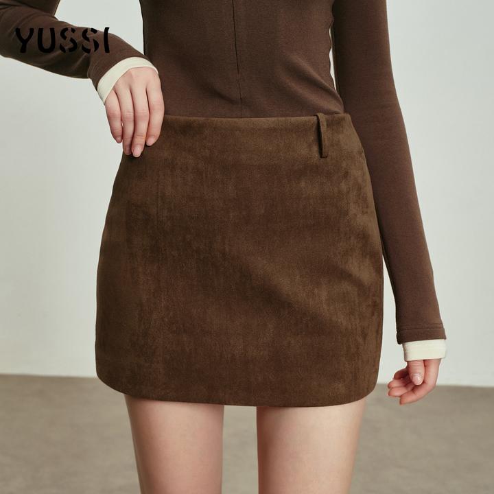 YUSSI轻奢麂皮绒A字短裙女秋冬新款复古百搭高腰高腰显瘦半身裙