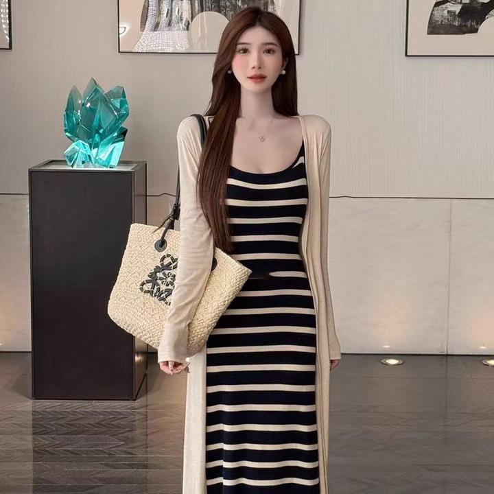 【夏日热恋】法式高级撞色条纹吊带连衣裙防晒开衫海边度假风套装女