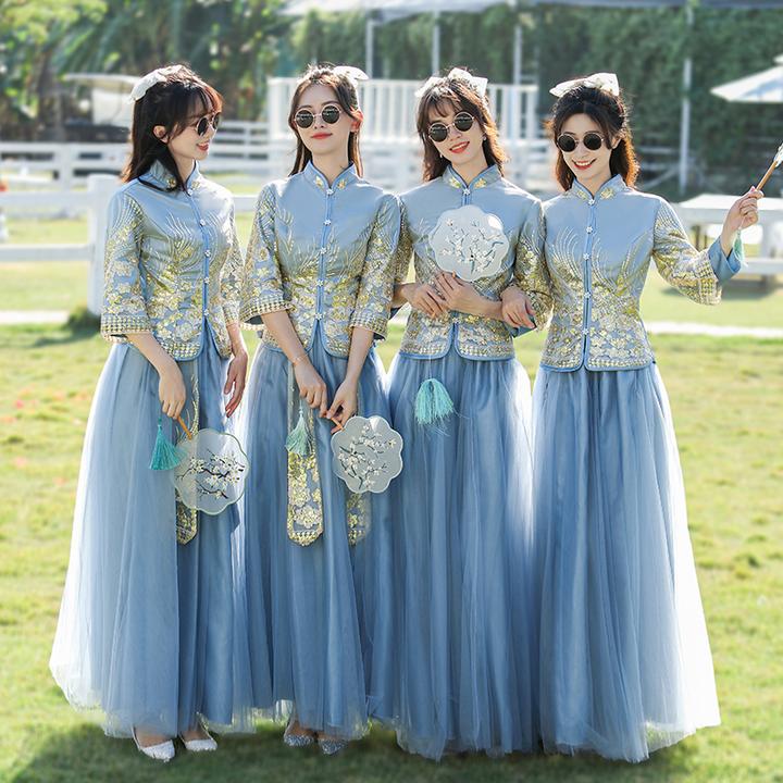 中式伴娘服女夏季新款姐妹团装礼服小众高级感千金国风蓝色伴娘裙