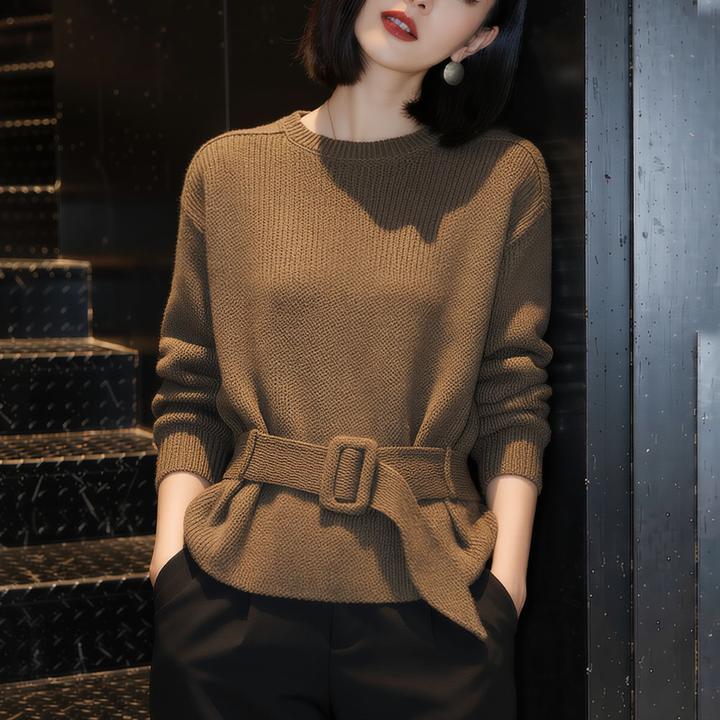 高级感咖色套头毛衣女士2025秋冬减龄内搭收腰系带打底针织衫上衣