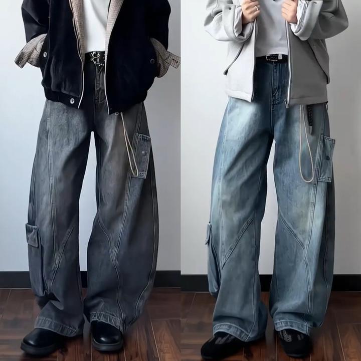 秋季新款美式复古水洗弯刀工装牛仔裤男潮流宽松显瘦阔腿拖地长裤