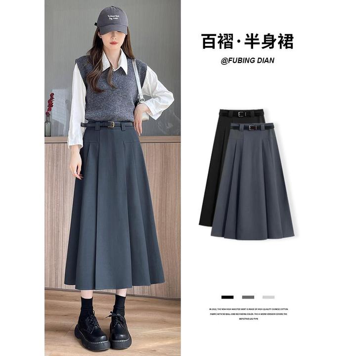 灰色西装半身裙女春夏2025新款韩版高腰垂感显瘦a字中长款百褶裙