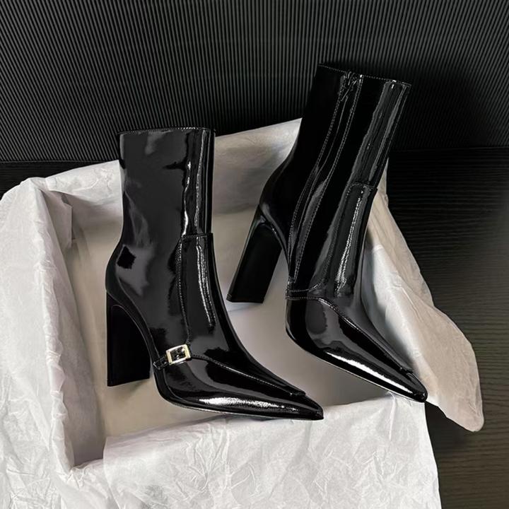 杨树林商场同款时装靴女鞋马丁靴漆皮百搭尖头女靴秋冬设计感短靴