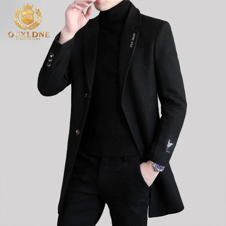 OUXLDNE毛呢大衣男士中长款西装领风衣秋冬新款韩版修身休闲外套