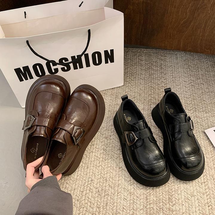 厚底黑色小皮鞋女2025春秋新款魔术贴乐福鞋子英伦风休闲百搭女鞋