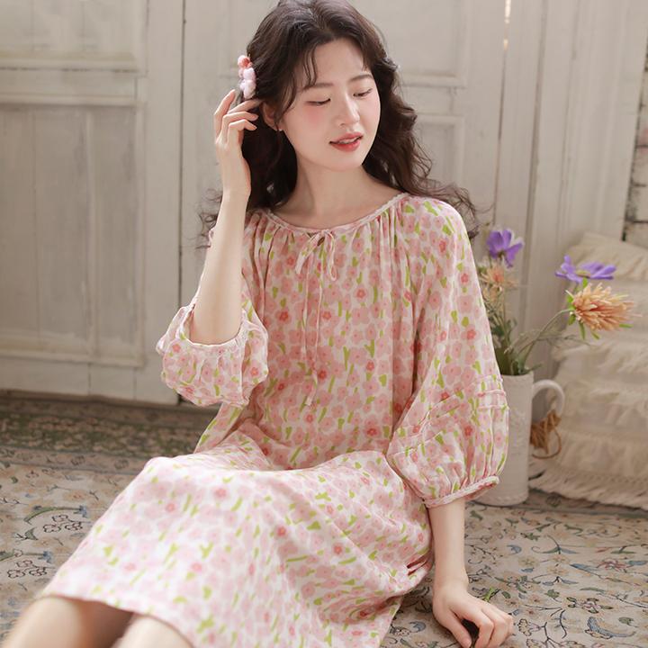 丹曼顿2025春夏新款含棉连衣裙女士甜美碎花七分袖家居服外穿裙子